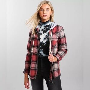 BKE Gray and Red Plaid Hooded Shirt